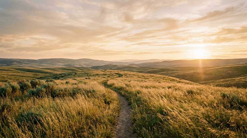 A path through open country at golden hour